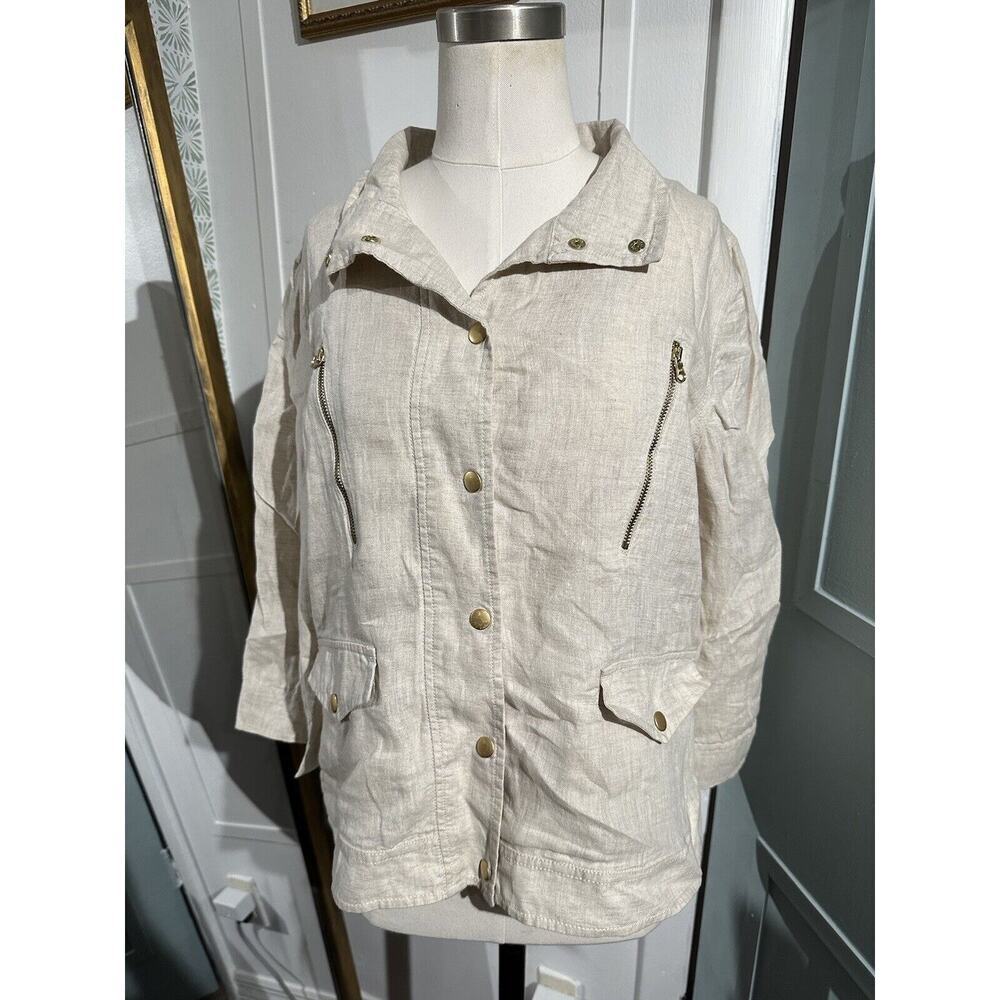 Chicos Linen Snap Front Jacket Flax Solid 3/4 Length Sleeves Size 1 Medium